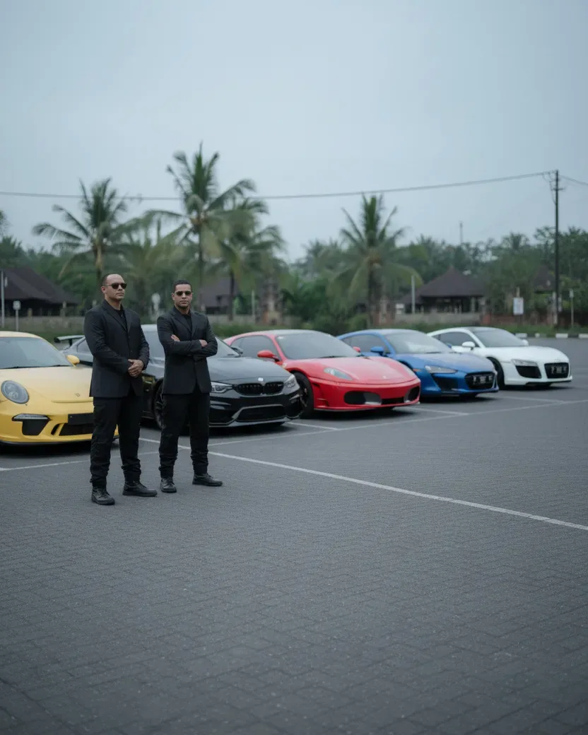 Two security staff in dark suits beside a line of cars