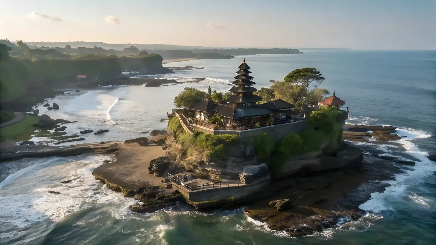 An aerial view of Tanah Lot temple on the Bali coast
