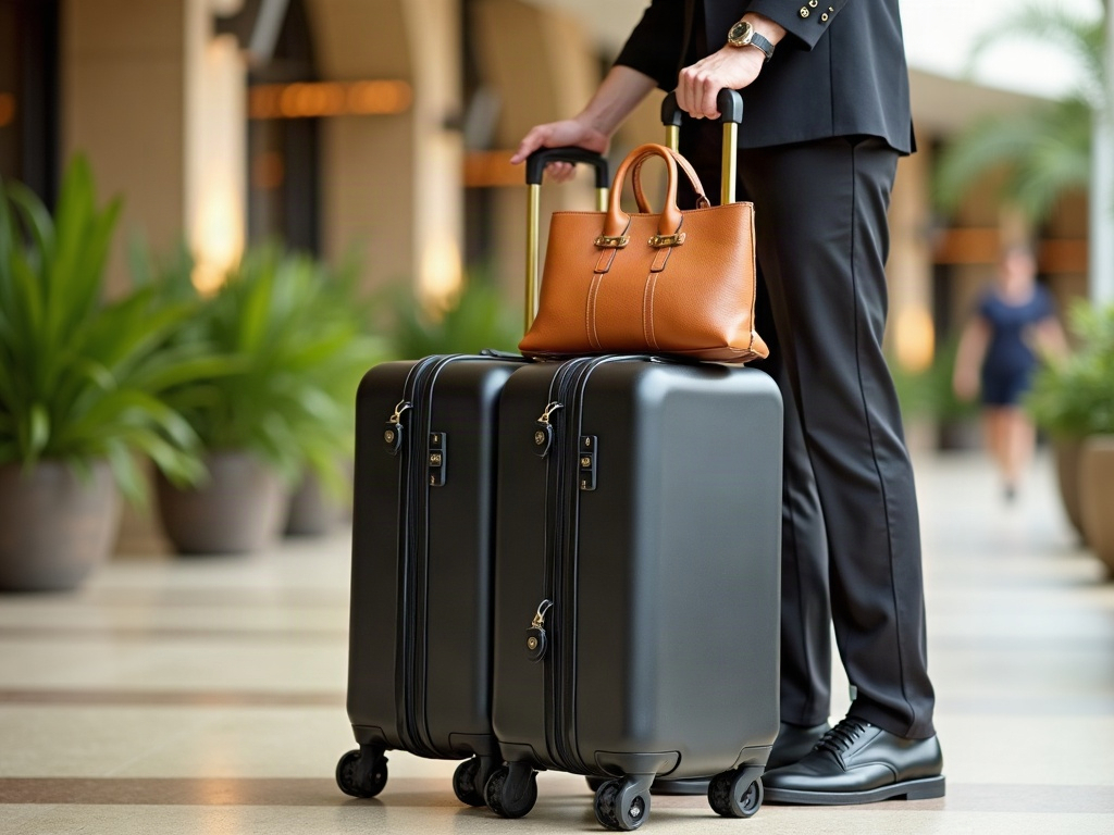 Porter trolley loaded with premium luggage in a bright tropical airport forecourt at Bali Ngurah Rai