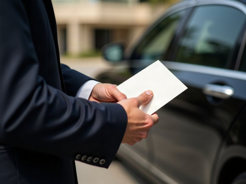 Meet and greet host holding a folded name card at a covered kerbside beside an executive car, Bali airport arrival