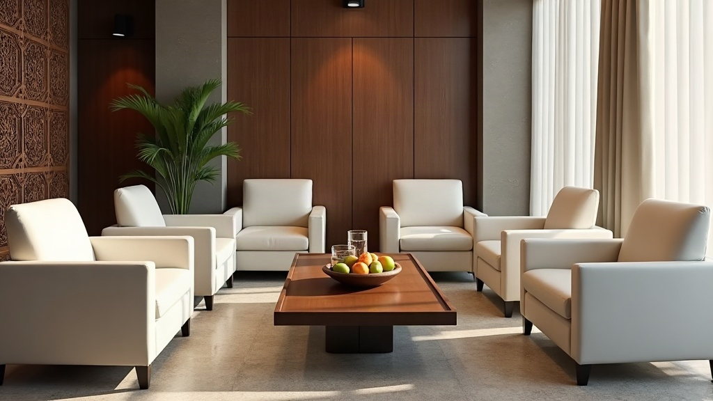 Calm ivory-toned waiting area with a teak screen, representing airport lounge access where available