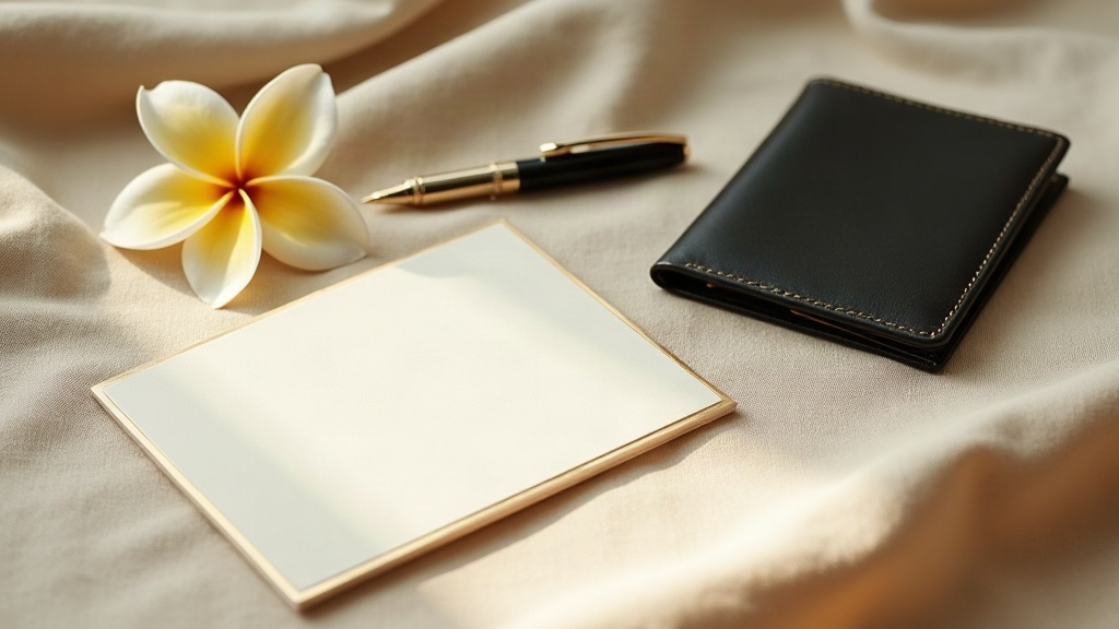 Blank ivory protocol card beside a leather passport wallet and frangipani, prepared before a VIP arrival at Ngurah Rai Airport, Bali
